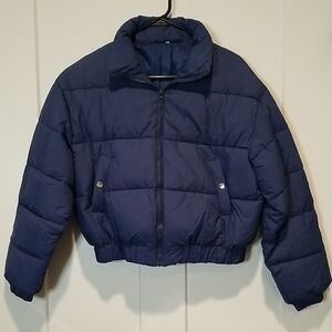 Women's Short Down Zip Stand Collar Navy Puffer Jacket Coat Oversized Medium